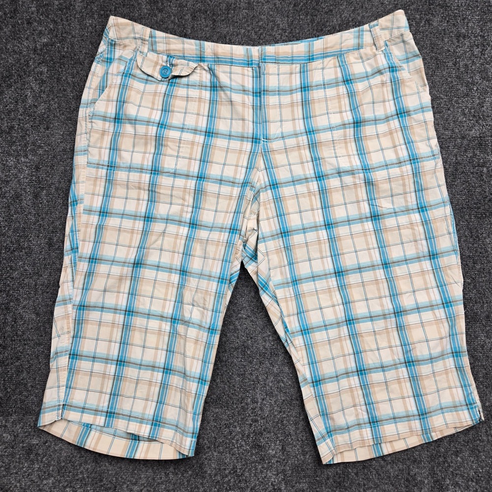 Cato Womens Plus Size 22W Blue Tan Plaid Bermuda Shorts Cotton Blend Stretch